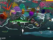 Screenshot of Evolvo Plus online game showing a medium-sized fish character swimming in the ocean, surrounded by smaller fish to eat and larger creatures to avoid.
