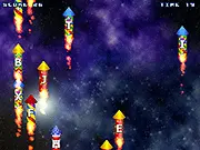 Screenshot of Type Rocket 60 game showing multiple small rockets descending from the top of the screen, each labeled with a single alphabet letter, against a space background.