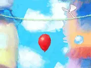 Screenshot from the Balloon Fan game showing a small fan blowing air to keep a red balloon floating upward while avoiding dangerous overhead barbed wire and black birds.