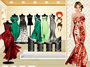 Screenshot of the Jewelry Fashion free online dress up game, showing a female character modeling a stylish dress and wearing expensive, glittering jewelry.