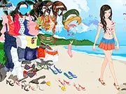 Blue Bay Dress Up free online fashion game screenshot - girl wearing a stylish striped beach outfit and sunglasses by the beautiful sea.