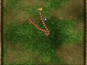 Screenshot of the Snake vs Man game showing a small human character using the mouse to collect food on the screen while narrowly avoiding the tail of a long, pixelated snake.