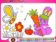 Screenshot of the Animal Coloring Book game showing a brightly colored drawing of a friendly cartoon lion surrounded by a full color palette and paint tools.