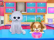 Cute animated puppy and kitty smiling side-by-side after being fed and groomed in the free online pet care game Kitty And Puppy Friendship.