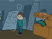 Land of the Fishies 1 free game screenshot, character preparing to solve a puzzle with a rope and wooden platform over water