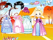Cute doll character wearing an elaborate, glamorous gown with stylish accessories in the free online game Doll Gown Dress Up 3.