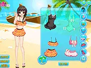 Character modeling fashionable summer beach attire, including swimwear and a wide hat, in the free online game A Beach Day Dress Up.