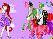 Gameplay screenshot of the Fire Girl Dressup game, showing a female fantasy character with red and orange clothes and fire-themed accessories.