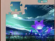 Gameplay screenshot showing a beautiful purple flowers image being solved in the Jigsaw Purple Flowers online puzzle game