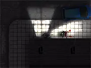 Infected Blood game screenshot, character fighting hordes of evil zombies in a ruined city, play free online action game