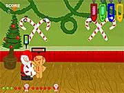 Screenshot of the Ginger Bash game showing a character fighting multiple gingerbread men with a holiday-themed weapon, play free online action game
