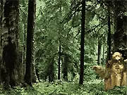 Ewok Annihilation game screenshot showing a first-person shooter view of a forest environment with small Ewok characters running towards the player