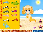 Screenshot of Happy Beach Time Dressup game showing a cute girl, Belinda, smiling on a sandy beach wearing a stylish swimsuit