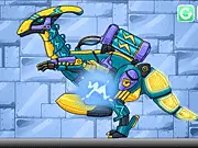 Dino Robot Lightning Parasau free online game screenshot, showing the finished mechanical dinosaur in a battle arena ready for combat.