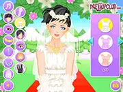 Gameplay screenshot showing a bride being styled in a wedding dress in the My Cool Wedding online dress up game