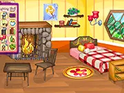 Gameplay screenshot showing a cozy, decorated forest hut room in the online design game