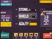 Blacksmith Lab Idle Clicker game screenshot showing a medieval workshop with mining tools, a forge, and various crafted weapons and armor.
