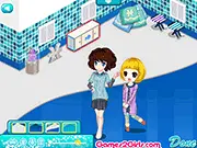 Screenshot of Pisces House online decorating game - A room featuring blue and green decor with fish and ocean-themed furniture.