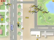 The main character, Buzz the bumble-bee, flying with a determined expression while escaping the villain's honey factory in the free online game Bee Jeez.
