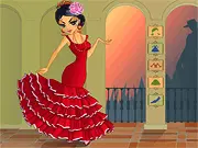 Screenshot of Carmen Dress Up, a free online fashion game showing a character with long dark hair surrounded by choices of Spanish-themed outfits and accessories