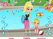 Screenshot of Mother Daughter at Waterpark dress up game, showing a mom and daughter in stylish, matching swimwear at a waterpark, a free online fashion game.