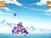 Cloudy with Occasional Presents game screen, Penguin collecting gifts that are freezing in place, Free online physics puzzle game