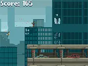 Character running and jumping over a gap between buildings in the Zombie Run in the Big City game