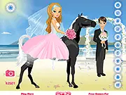 Screenshot of Western Wedding dress up game showing a bride and groom on horseback wearing stylish, custom-designed Western-themed wedding gowns and veils.