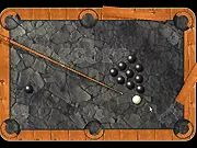 Playing Billiard Gold Rush online, a classic pool game with a cue stick aiming at the 8-ball and colored billiard balls on the table