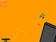 Gameplay screenshot of Lander X, showing a small, blocky spaceship attempting to land on a tiny platform on a desolate planet surface under a strong gravitational pull.