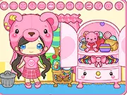 Caity's Cutie Closet Dressup free online game, an adorable girl standing next to a pink closet filled with cute outfits and accessories