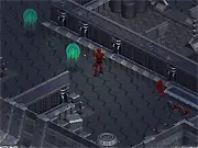 Screenshot of S.H.O.C. Trooper game showing a character moving through an isometric, top-down view of a futuristic level while engaging an enemy in a free online shooter game.