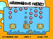 The high-action screen of the Harmonious Frenzy shooter game, showing projectiles and enemies attacking the city.