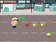 The Junk Limit game screen showing a character collecting healthy food like fruit and shooting junk food like hamburgers, play free online.