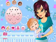 My Cute Baby Dress Up online game showing an adorable baby smiling while wearing a customizable outfit next to his mother.