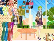 Online dress up game showing a professional woman model wearing business attire, a blazer, and carrying a handbag in an office setting