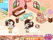 Screenshot of Bobo's Candy House online game showing a room decorated with furniture made of candy, chocolate, and lollipops