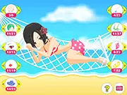The Girl on Hammock Dress-Up online game's main image, showing a girl relaxing on a colorful hammock in summer clothes.