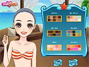 Online dress up game showing a girl named Denize wearing a stylish summer outfit with a sunhat and sunglasses on a seaside background