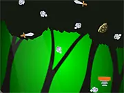 Screenshot of Grumpy Turtle online game, showing the turtle flying upwards in the air, collecting small fish, and dodging multiple sharp swords falling down.