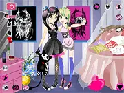 Play Emo-Party Dress Up free online game, styling two best friends in darkly colorful, punk-inspired outfits with skull prints and hearts.