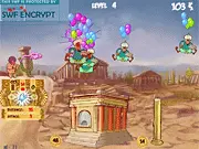 Screenshot of Leon The Spartan Defender game showing a catapult on the city walls launching a projectile at attacking enemies, representing a free online defense game.