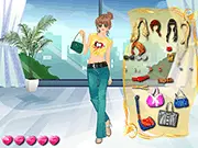 Screenshot of the Denim Tornado Dressup game featuring a female model wearing a stylish denim-on-denim outfit and ready for a photoshoot