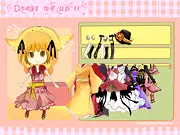 Gameplay screenshot of the Dress Tori Up game, showing the cute Tori character standing, ready to be dressed, surrounded by icons of various kawaii clothing items and accessories.