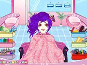 A young woman showcasing a dramatic, neon pink and black asymmetrical hairstyle in the Super Edgy Hairstyle dress-up game