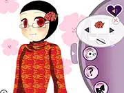 Gameplay screenshot of Hijabi Fashion Dress Up, showing a doll model wearing a customizable hijab, surrounded by icons for different cloths, colors, and accessories.