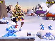 A group of The Smurfs characters getting hit by snowballs in the fun, free online arcade game.