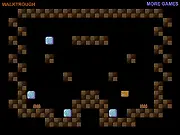 Gameplay screenshot of the free online retro platformer game Trichy, showing the main character jumping near a hedgehog enemy on a block platform with a blue box visible.