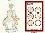Screenshot of the 1780's Paper Doll Dress Up game showing a customizable doll in a large, elaborate 18th-century dress, representing a free online historical fashion game.
