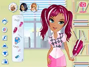 Online dress up game featuring a school girl model selecting a stylish outfit with tartan skirt, patterned shirt, and vibrant hair highlights